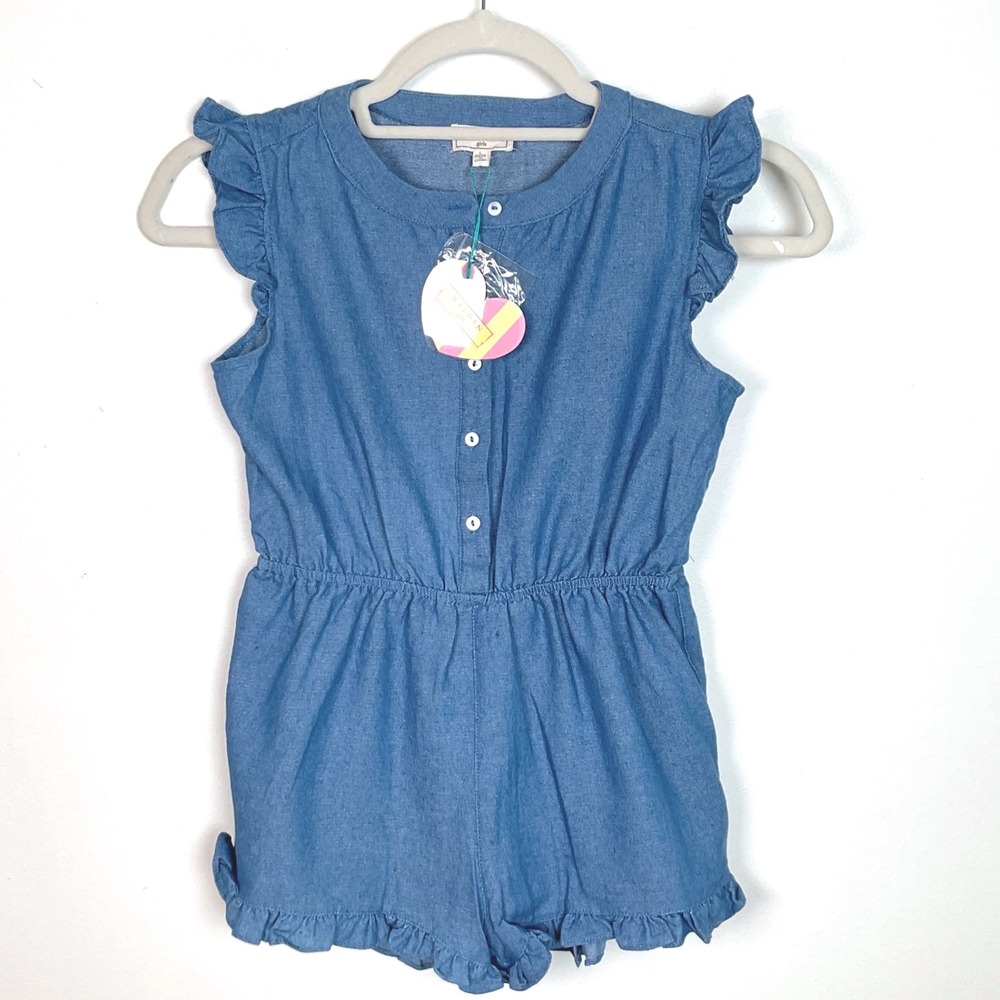 Hayden Girls Blue Chambray Flutter Sleeve Ruffle Romper Size Large NWT‎